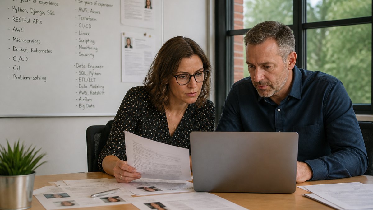Hiring manager and IT director reviewing specialized IT talent profiles on a laptop in a modern office.