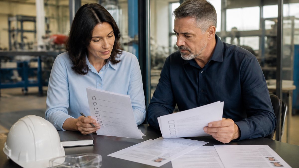 Two hiring managers in a manufacturing office reviewing a printed checklist and candidate resumes at a table, safety glasses and hard hat on the desk beside them