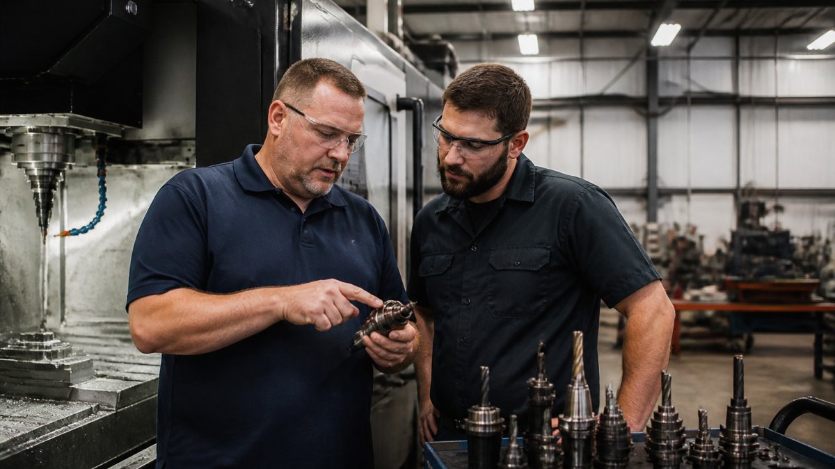 A hiring manager in safety glasses and a CNC programmer reviewing a CAD/CAM toolpath on a shop-floor monitor beside a vertical machining center, coolant lines and tool holders visible under industrial lighting
