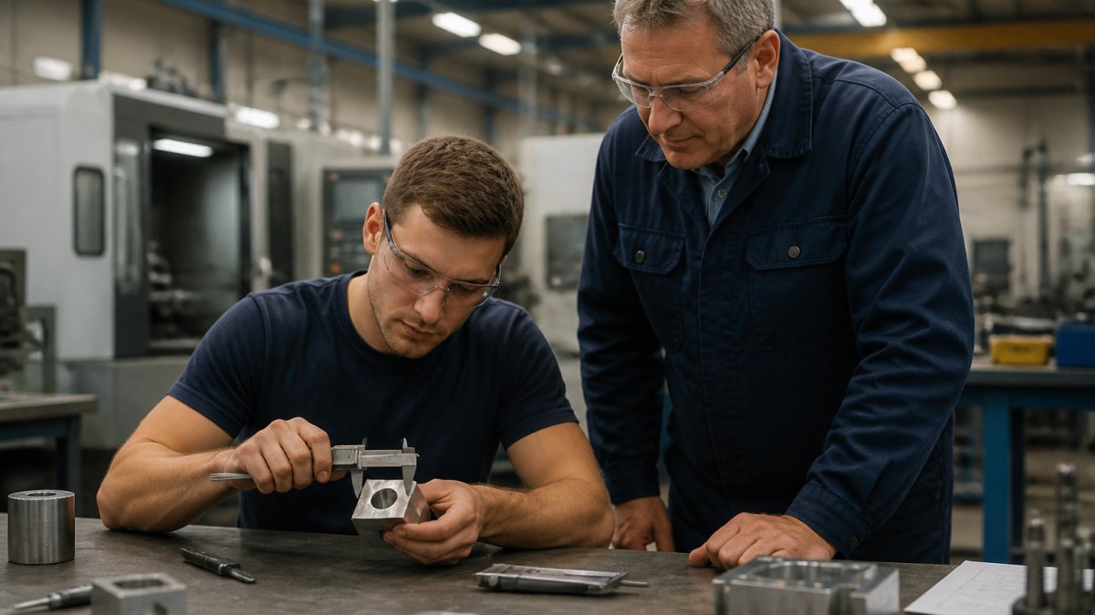 Machinist and supervisor performing a CNC and quality inspection of a metal part with calipers at a workbench