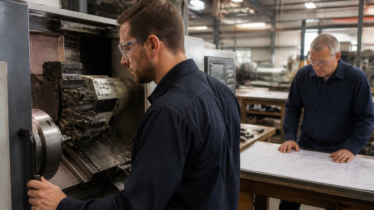 A machinist in safety glasses operating a CNC lathe inside a clean manufacturing shop, with a supervisor reviewing blueprints nearby under bright overhead lighting