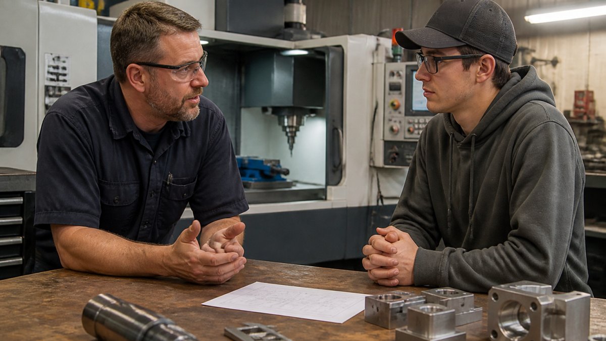 Hiring manager discussing a role with a candidate at a rural Ohio machine shop with CNC equipment nearby.
