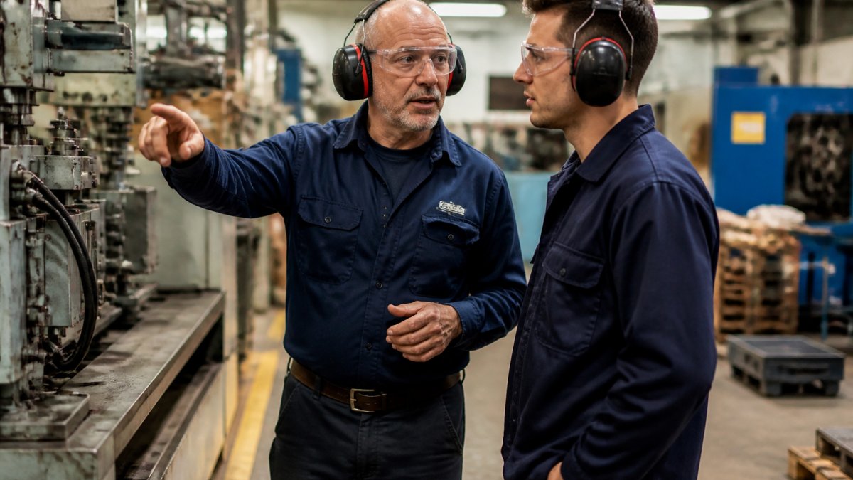 Plant supervisor training a new hire on the factory floor to reduce manufacturing turnover.