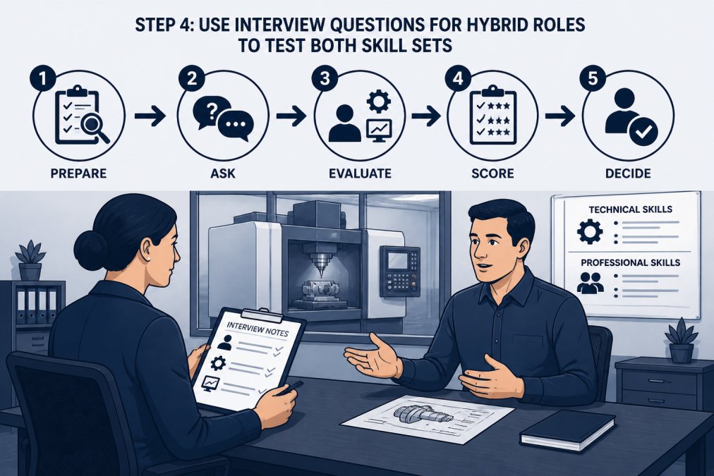 Hiring manager interviewing a candidate about dual skill sets near a CNC machine in a manufacturing office