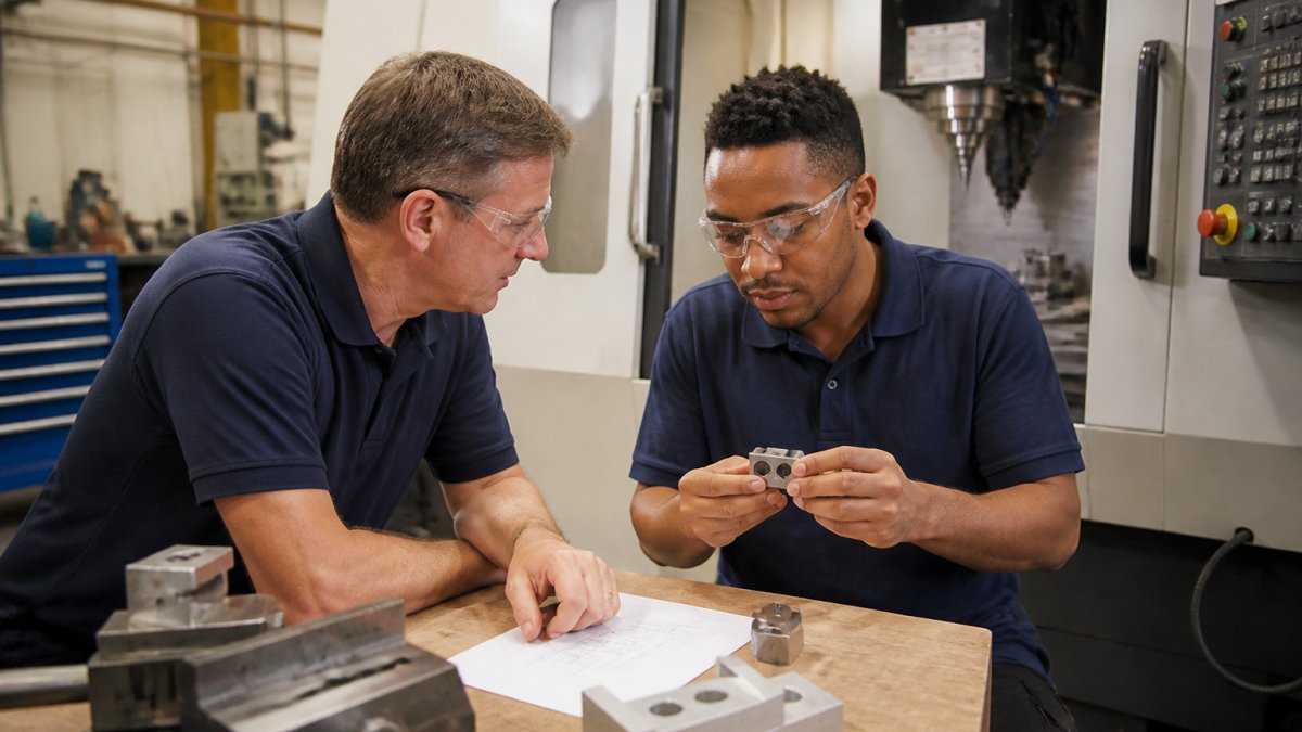 A manufacturing hiring manager and a CNC programmer reviewing G-code on a computer screen next to a vertical machining center on a shop floor
